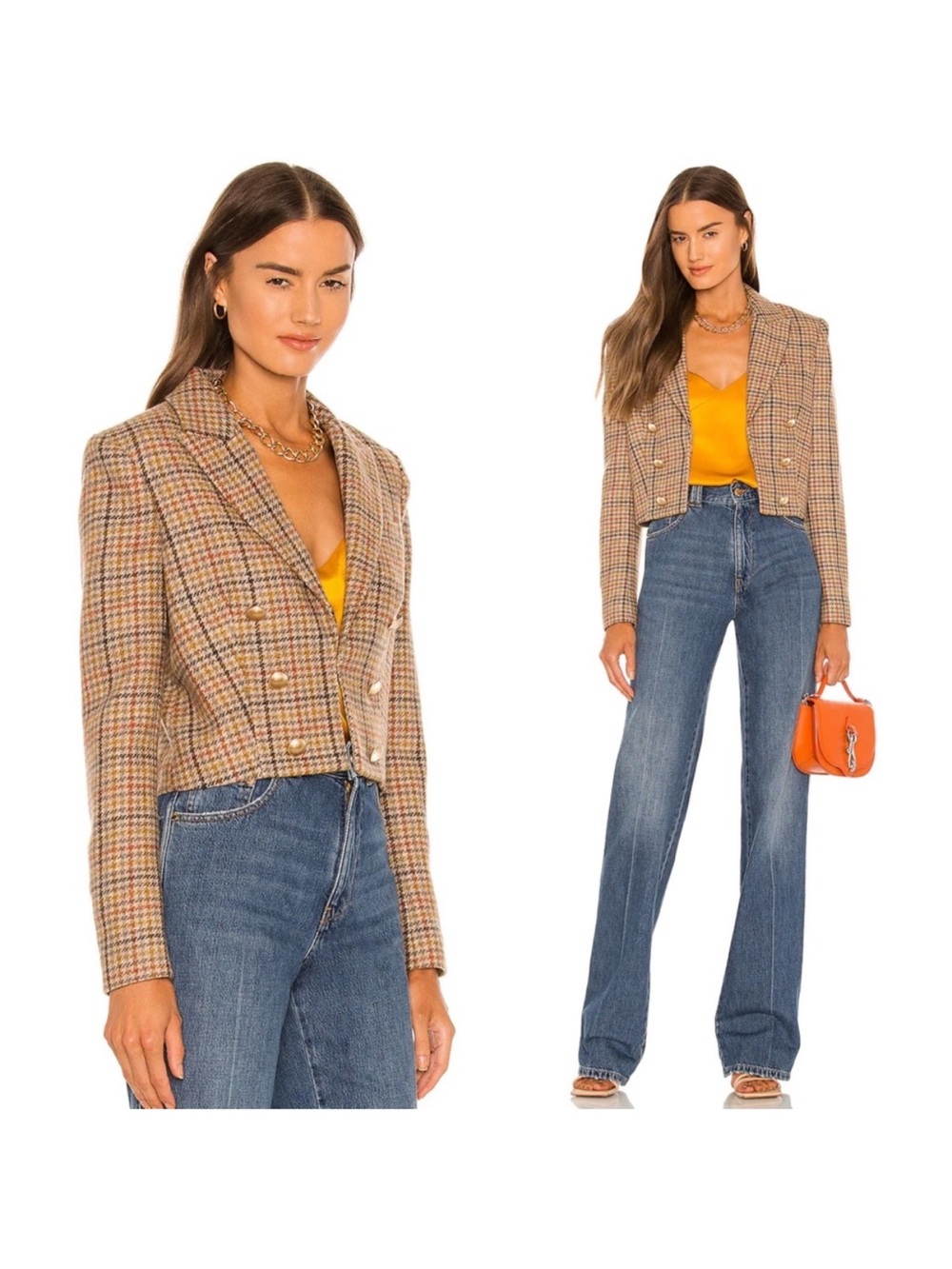 L'AGENCE Inez Cropped Plaid Blazer Jacket - Brown, Tan & Gold
